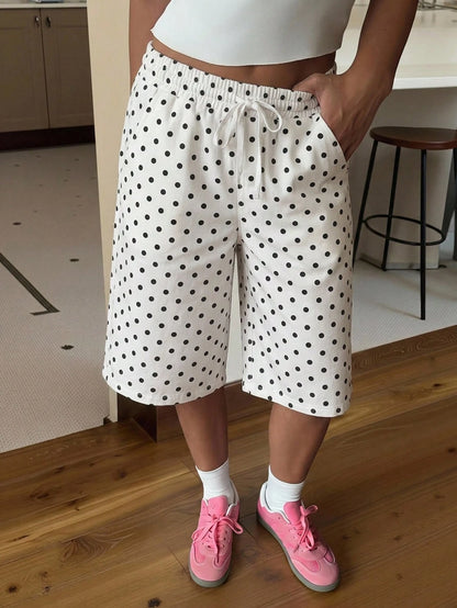 Muchica Women's Casual Low-Waist Shorts, Mid-Thigh Length, Polka Dot, Street Style, Casual, Versatile, Summer, Vintage Polka Dot Shorts, Casual Minimalist College Style Vintage Polka Dot Print, Autumn