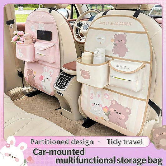 Multi-Functional Storage Bag With Multiple Compartments, Cute Bear Design, Faux Leather, Ideal For Car Interior Decor And Accessories, Car Seat Back Organizer|Playful Design|Durable Storage Bag, Car S