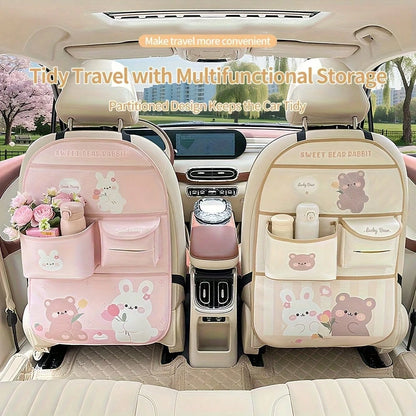 Multi-Functional Storage Bag With Multiple Compartments, Cute Bear Design, Faux Leather, Ideal For Car Interior Decor And Accessories, Car Seat Back Organizer|Playful Design|Durable Storage Bag, Car S