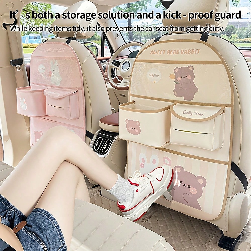 Multi-Functional Storage Bag With Multiple Compartments, Cute Bear Design, Faux Leather, Ideal For Car Interior Decor And Accessories, Car Seat Back Organizer|Playful Design|Durable Storage Bag, Car S