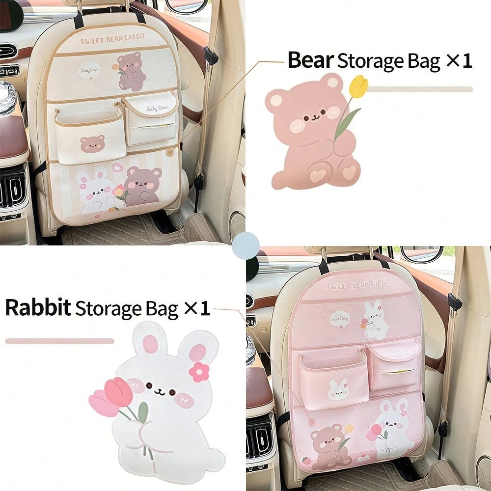 Multi-Functional Storage Bag With Multiple Compartments, Cute Bear Design, Faux Leather, Ideal For Car Interior Decor And Accessories, Car Seat Back Organizer|Playful Design|Durable Storage Bag, Car S