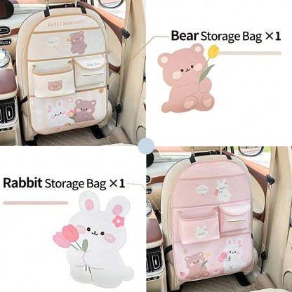 Multi-Functional Storage Bag With Multiple Compartments, Cute Bear Design, Faux Leather, Ideal For Car Interior Decor And Accessories, Car Seat Back Organizer|Playful Design|Durable Storage Bag, Car S