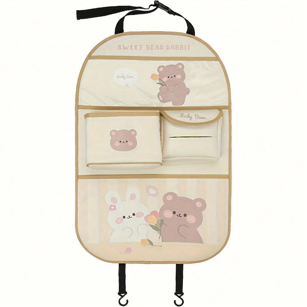 Multi-Functional Storage Bag With Multiple Compartments, Cute Bear Design, Faux Leather, Ideal For Car Interior Decor And Accessories, Car Seat Back Organizer|Playful Design|Durable Storage Bag, Car S