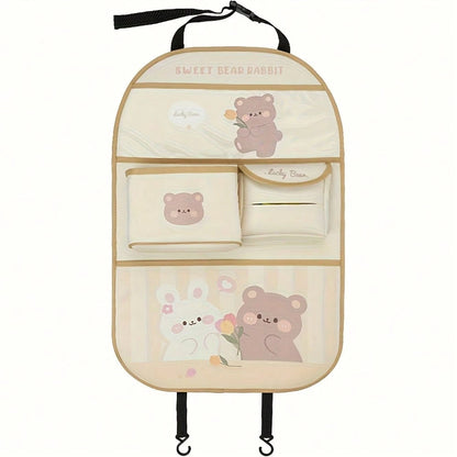 Multi-Functional Storage Bag With Multiple Compartments, Cute Bear Design, Faux Leather, Ideal For Car Interior Decor And Accessories, Car Seat Back Organizer|Playful Design|Durable Storage Bag, Car S