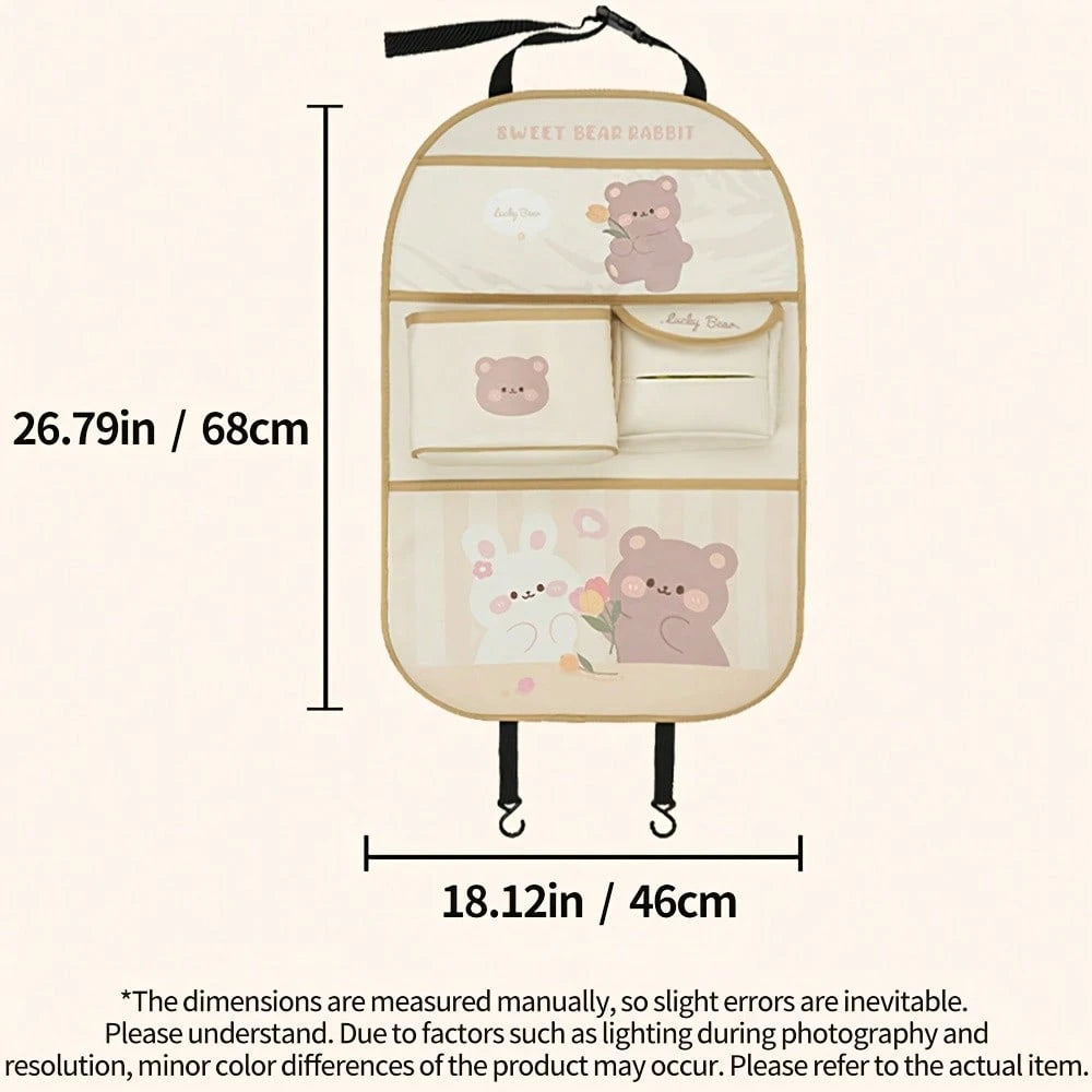 Multi-Functional Storage Bag With Multiple Compartments, Cute Bear Design, Faux Leather, Ideal For Car Interior Decor And Accessories, Car Seat Back Organizer|Playful Design|Durable Storage Bag, Car S