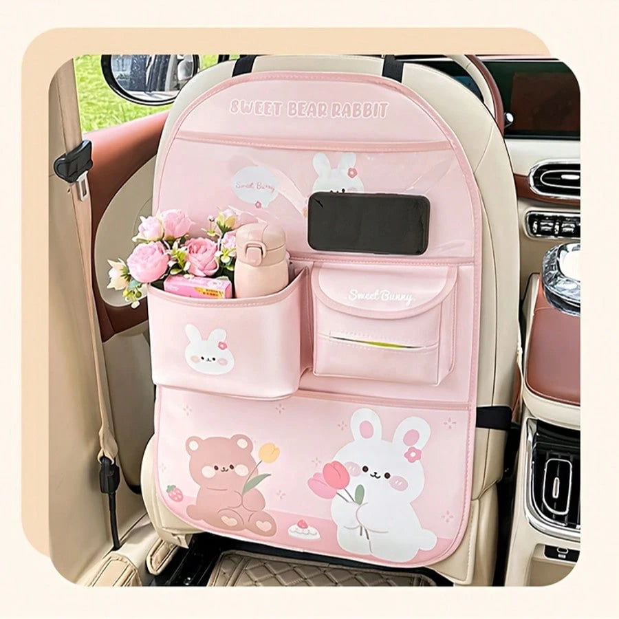 Multi-Functional Storage Bag With Multiple Compartments, Cute Bear Design, Faux Leather, Ideal For Car Interior Decor And Accessories, Car Seat Back Organizer|Playful Design|Durable Storage Bag, Car S