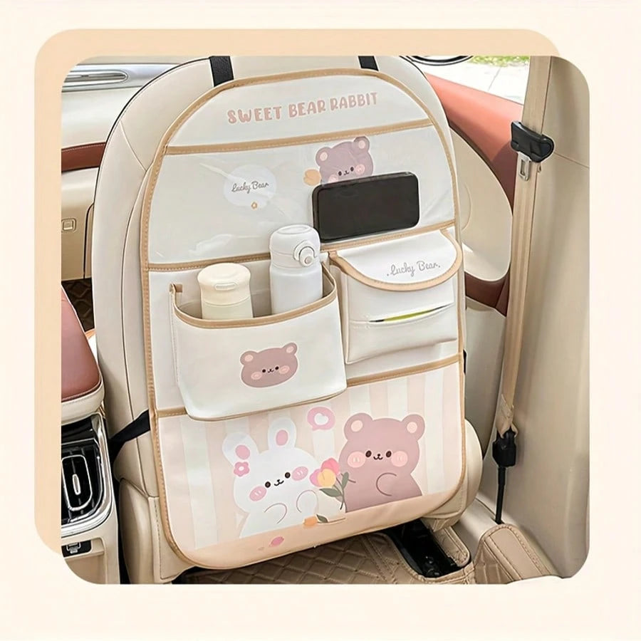 Multi-Functional Storage Bag With Multiple Compartments, Cute Bear Design, Faux Leather, Ideal For Car Interior Decor And Accessories, Car Seat Back Organizer|Playful Design|Durable Storage Bag, Car S