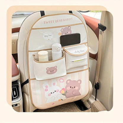 Multi-Functional Storage Bag With Multiple Compartments, Cute Bear Design, Faux Leather, Ideal For Car Interior Decor And Accessories, Car Seat Back Organizer|Playful Design|Durable Storage Bag, Car S