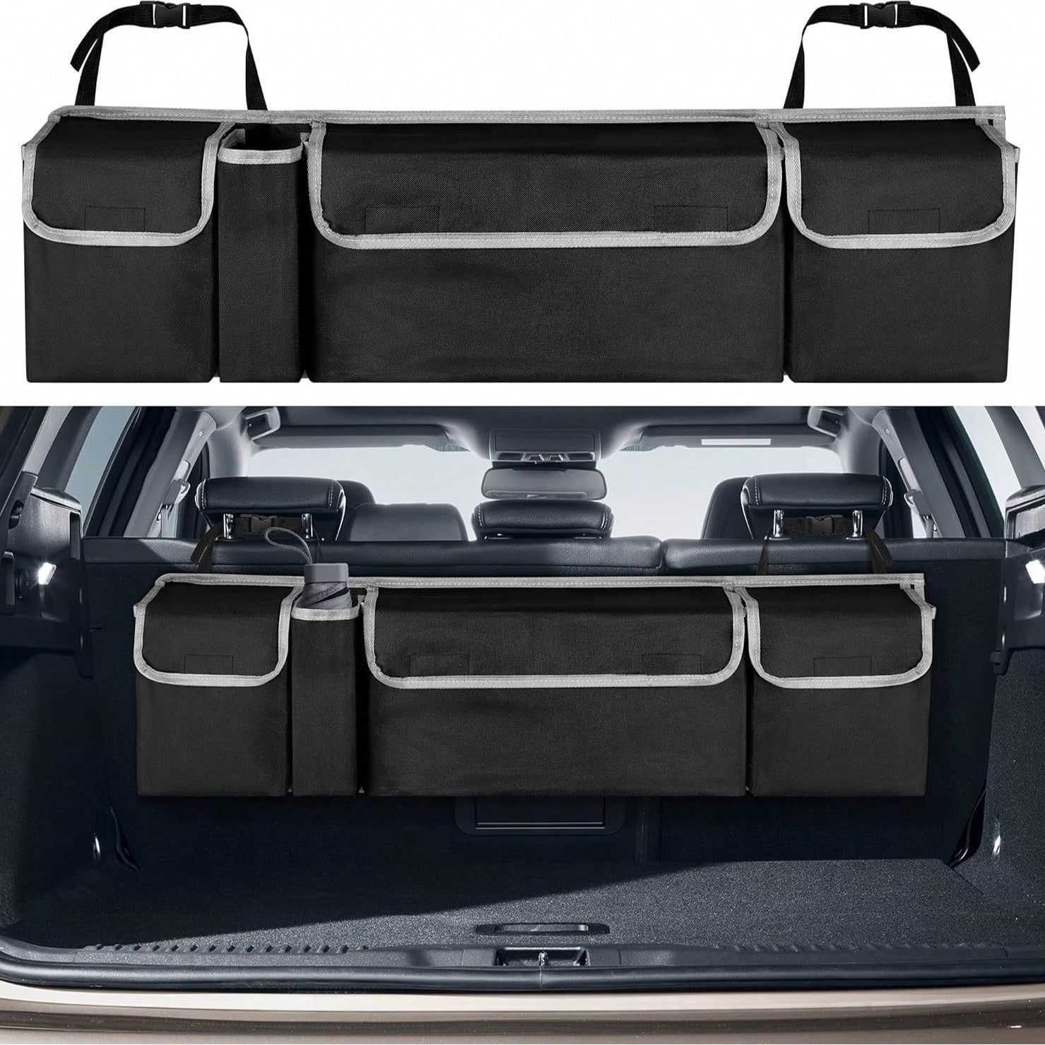 Multifunctional Black Car Trunk Storage Box- Foldable Design, Equipped With 4 Pockets, Suitable For Various Car Models And Providing The Best Trunk Storage Space!