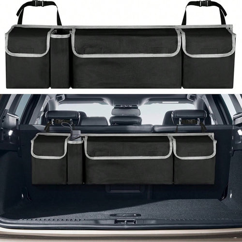 Multifunctional Black Car Trunk Storage Box- Foldable Design, Equipped With 4 Pockets, Suitable For Various Car Models And Providing The Best Trunk Storage Space!