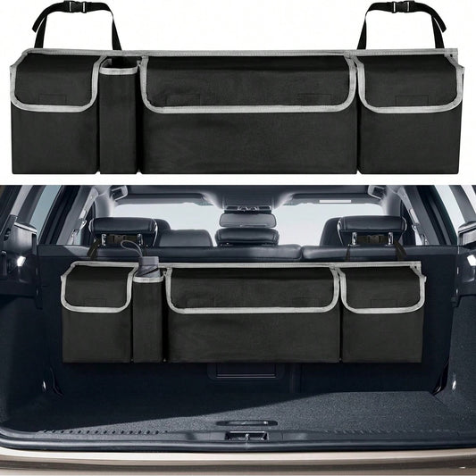 Multifunctional Black Car Trunk Storage Box- Foldable Design, Equipped With 4 Pockets, Suitable For Various Car Models And Providing The Best Trunk Storage Space!