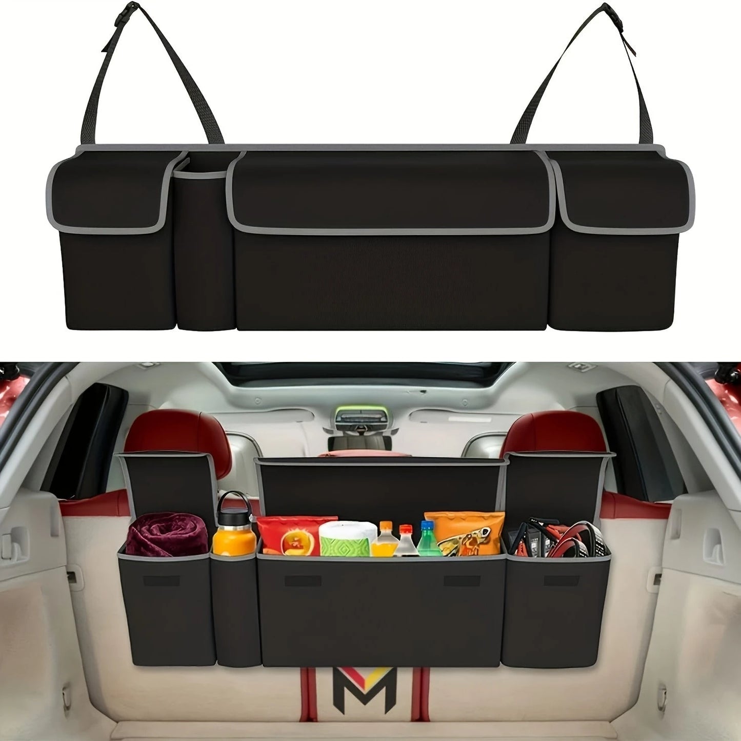 Multifunctional Black Car Trunk Storage Box- Foldable Design, Equipped With 4 Pockets, Suitable For Various Car Models And Providing The Best Trunk Storage Space!