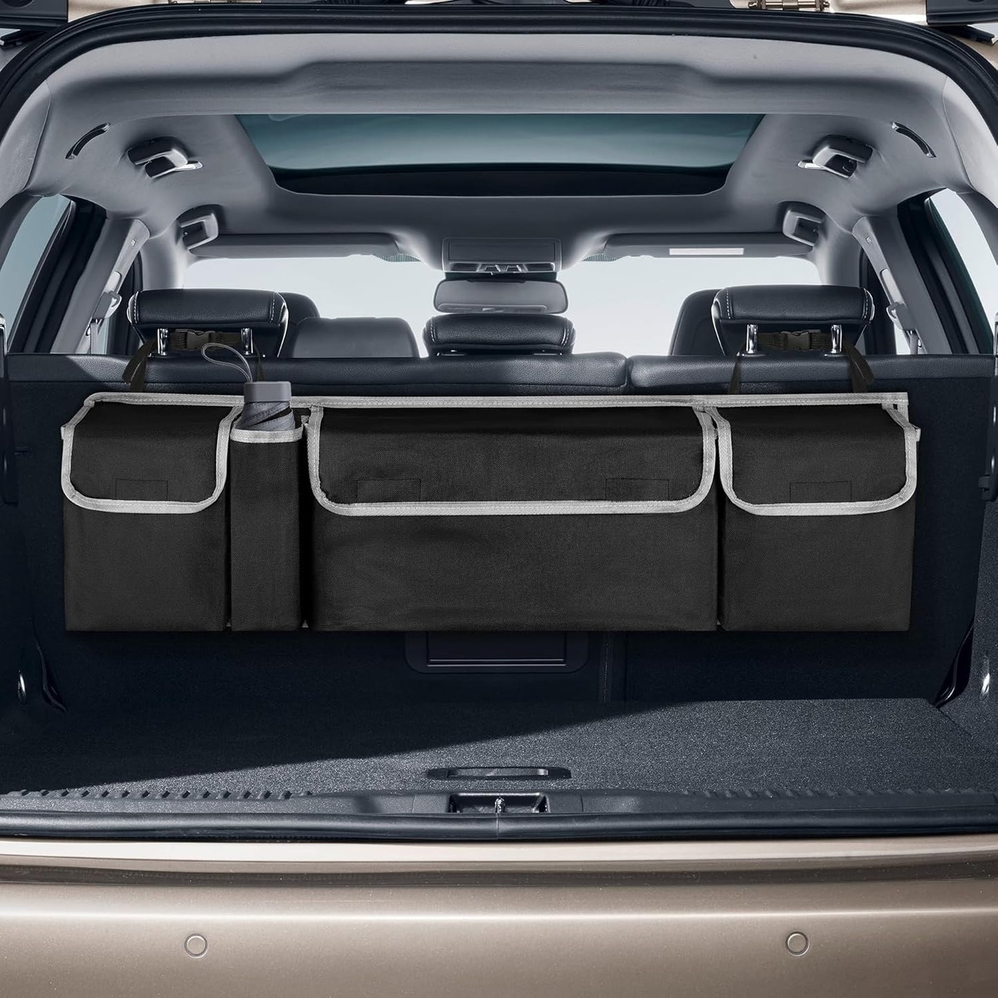 Multifunctional Black Car Trunk Storage Box- Foldable Design, Equipped With 4 Pockets, Suitable For Various Car Models And Providing The Best Trunk Storage Space!