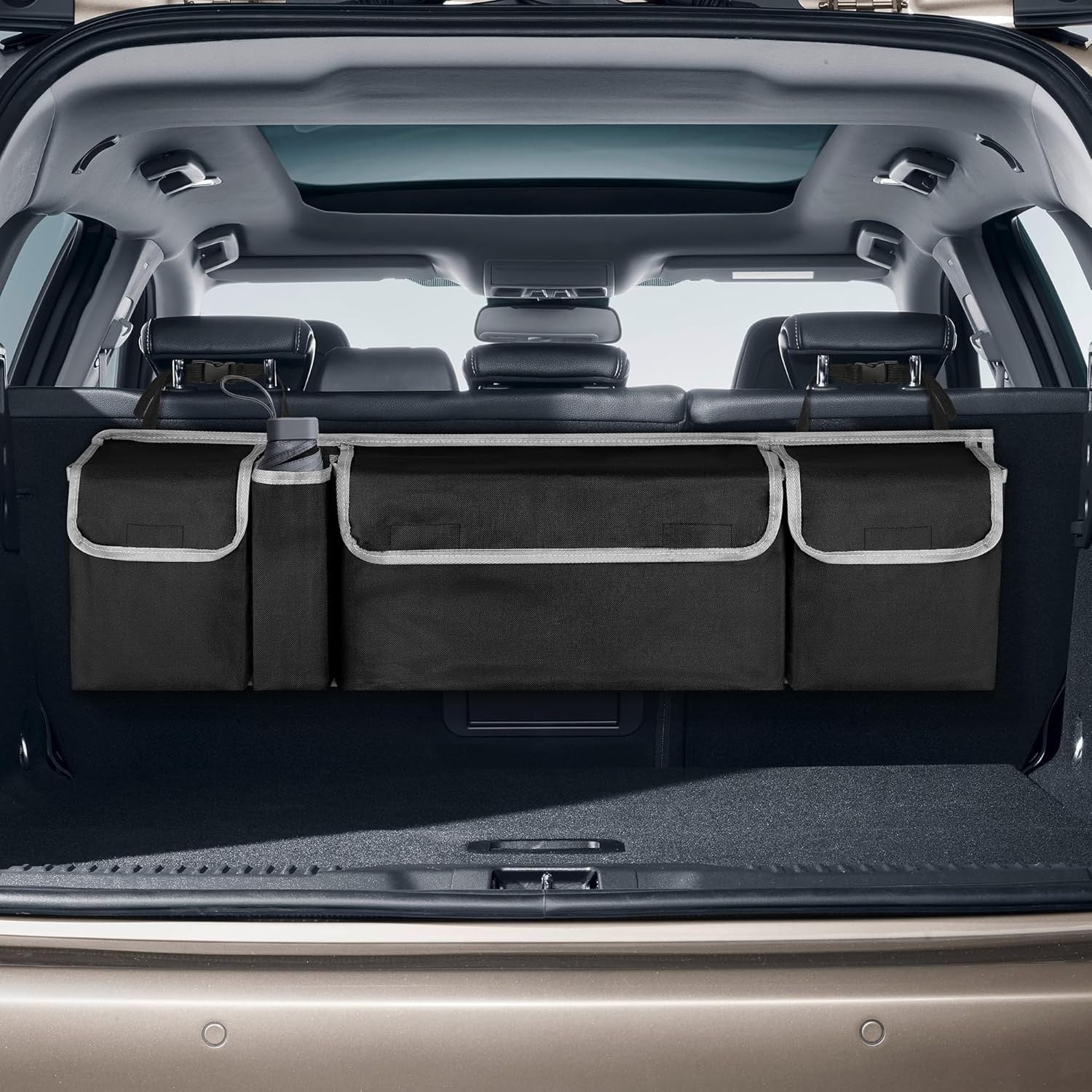 Multifunctional Black Car Trunk Storage Box- Foldable Design, Equipped With 4 Pockets, Suitable For Various Car Models And Providing The Best Trunk Storage Space!