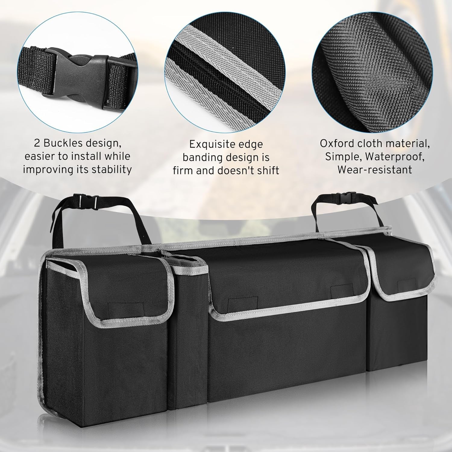 Multifunctional Black Car Trunk Storage Box- Foldable Design, Equipped With 4 Pockets, Suitable For Various Car Models And Providing The Best Trunk Storage Space!