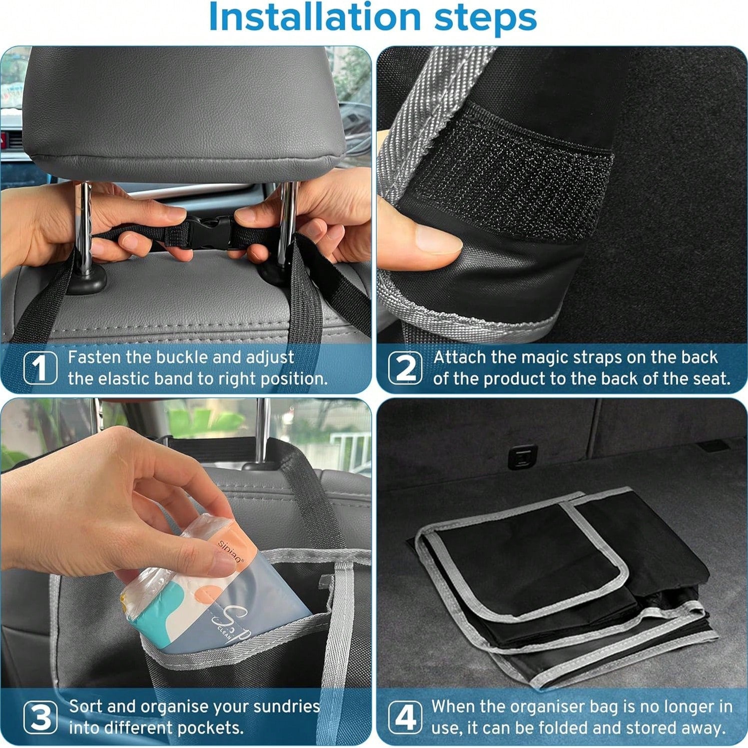 Multifunctional Black Car Trunk Storage Box- Foldable Design, Equipped With 4 Pockets, Suitable For Various Car Models And Providing The Best Trunk Storage Space!