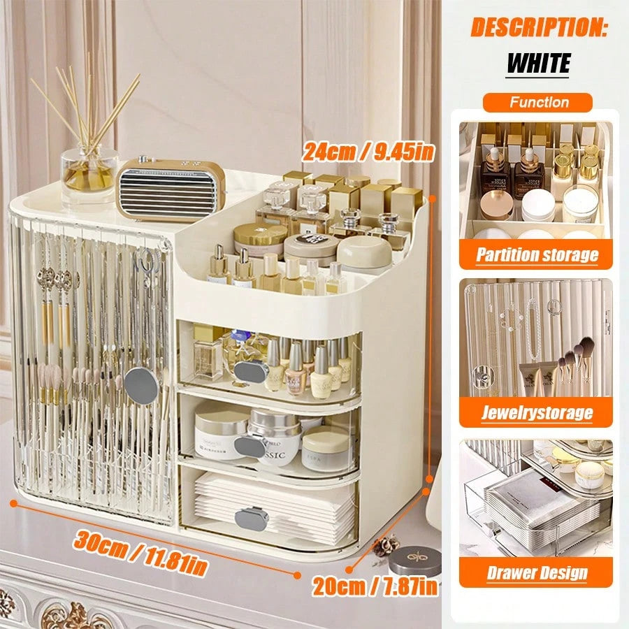 Multifunctional Cosmetic Storage Box, Semi-Open Large Capacity, With Drawers And Mirror, Suitable For Cosmetics And Skincare Essentials, Perfect For Bathroom Vanity, Office Desk And Dressing Table