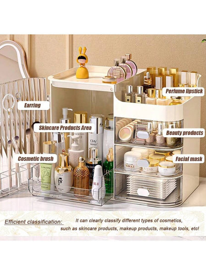 Multifunctional Cosmetic Storage Box, Semi-Open Large Capacity, With Drawers And Mirror, Suitable For Cosmetics And Skincare Essentials, Perfect For Bathroom Vanity, Office Desk And Dressing Table
