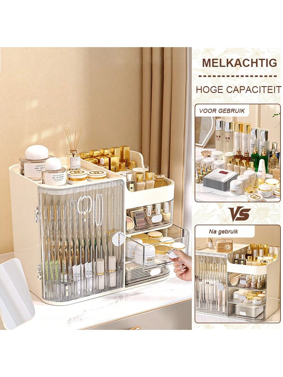 Multifunctional Cosmetic Storage Box, Semi-Open Large Capacity, With Drawers And Mirror, Suitable For Cosmetics And Skincare Essentials, Perfect For Bathroom Vanity, Office Desk And Dressing Table