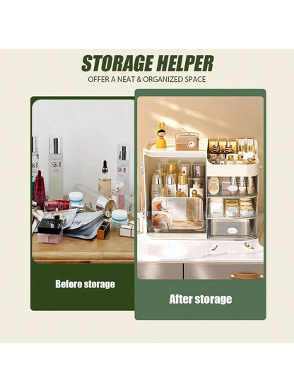 Multifunctional Cosmetic Storage Box, Semi-Open Large Capacity, With Drawers And Mirror, Suitable For Cosmetics And Skincare Essentials, Perfect For Bathroom Vanity, Office Desk And Dressing Table