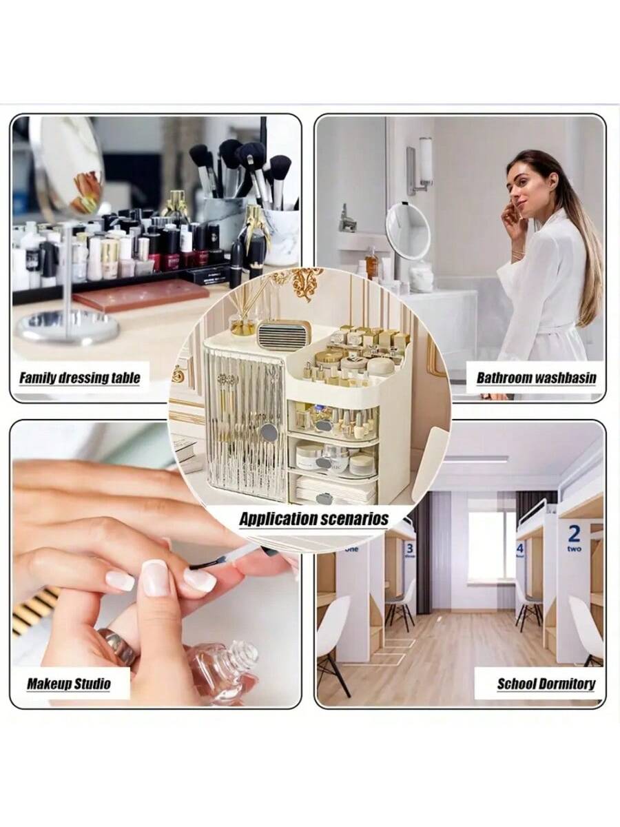Multifunctional Cosmetic Storage Box, Semi-Open Large Capacity, With Drawers And Mirror, Suitable For Cosmetics And Skincare Essentials, Perfect For Bathroom Vanity, Office Desk And Dressing Table