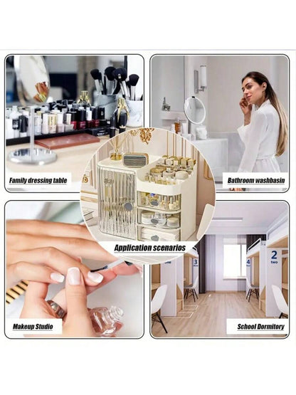 Multifunctional Cosmetic Storage Box, Semi-Open Large Capacity, With Drawers And Mirror, Suitable For Cosmetics And Skincare Essentials, Perfect For Bathroom Vanity, Office Desk And Dressing Table