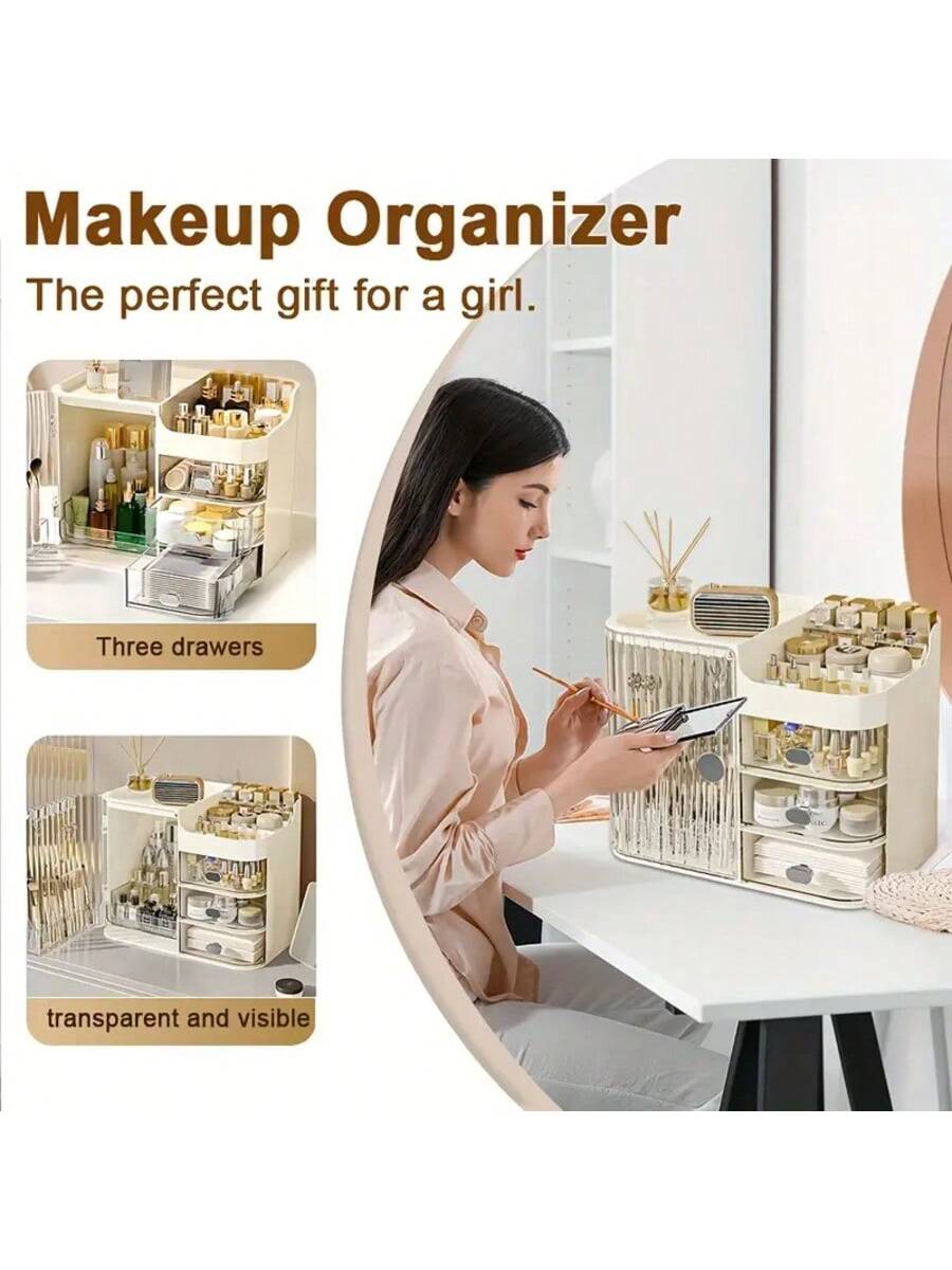 Multifunctional Cosmetic Storage Box, Semi-Open Large Capacity, With Drawers And Mirror, Suitable For Cosmetics And Skincare Essentials, Perfect For Bathroom Vanity, Office Desk And Dressing Table