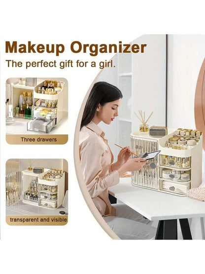 Multifunctional Cosmetic Storage Box, Semi-Open Large Capacity, With Drawers And Mirror, Suitable For Cosmetics And Skincare Essentials, Perfect For Bathroom Vanity, Office Desk And Dressing Table