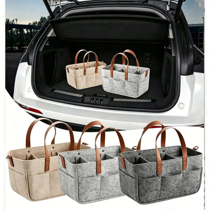 Multifunctional Felt Car Trunk Organizer Bag, Fiber Material, Durable With Handle, Dustproof And Moisture-Proof, Practical Car Accessory
