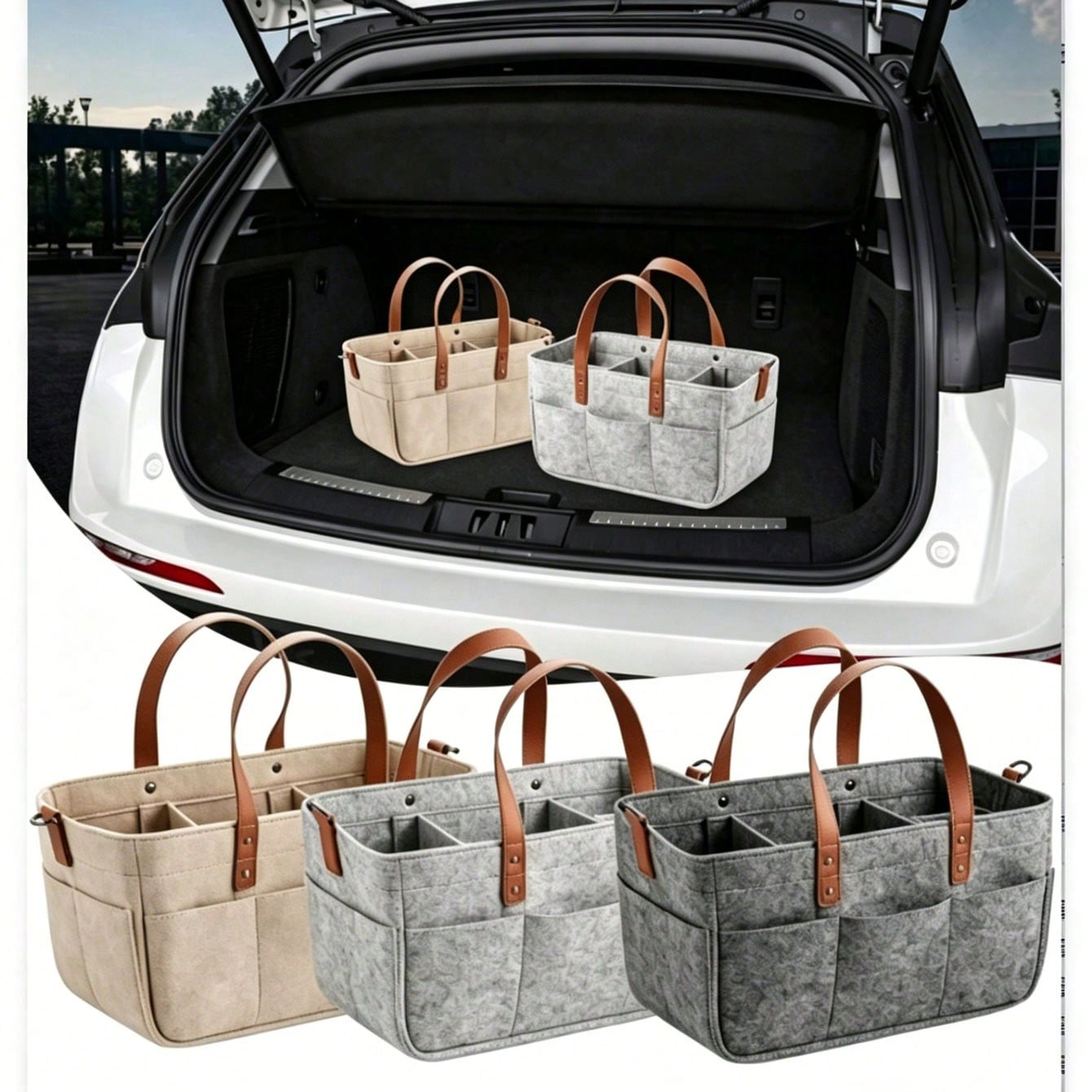 Multifunctional Felt Car Trunk Organizer Bag, Fiber Material, Durable With Handle, Dustproof And Moisture-Proof, Practical Car Accessory