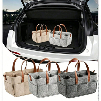 Multifunctional Felt Car Trunk Organizer Bag, Fiber Material, Durable With Handle, Dustproof And Moisture-Proof, Practical Car Accessory