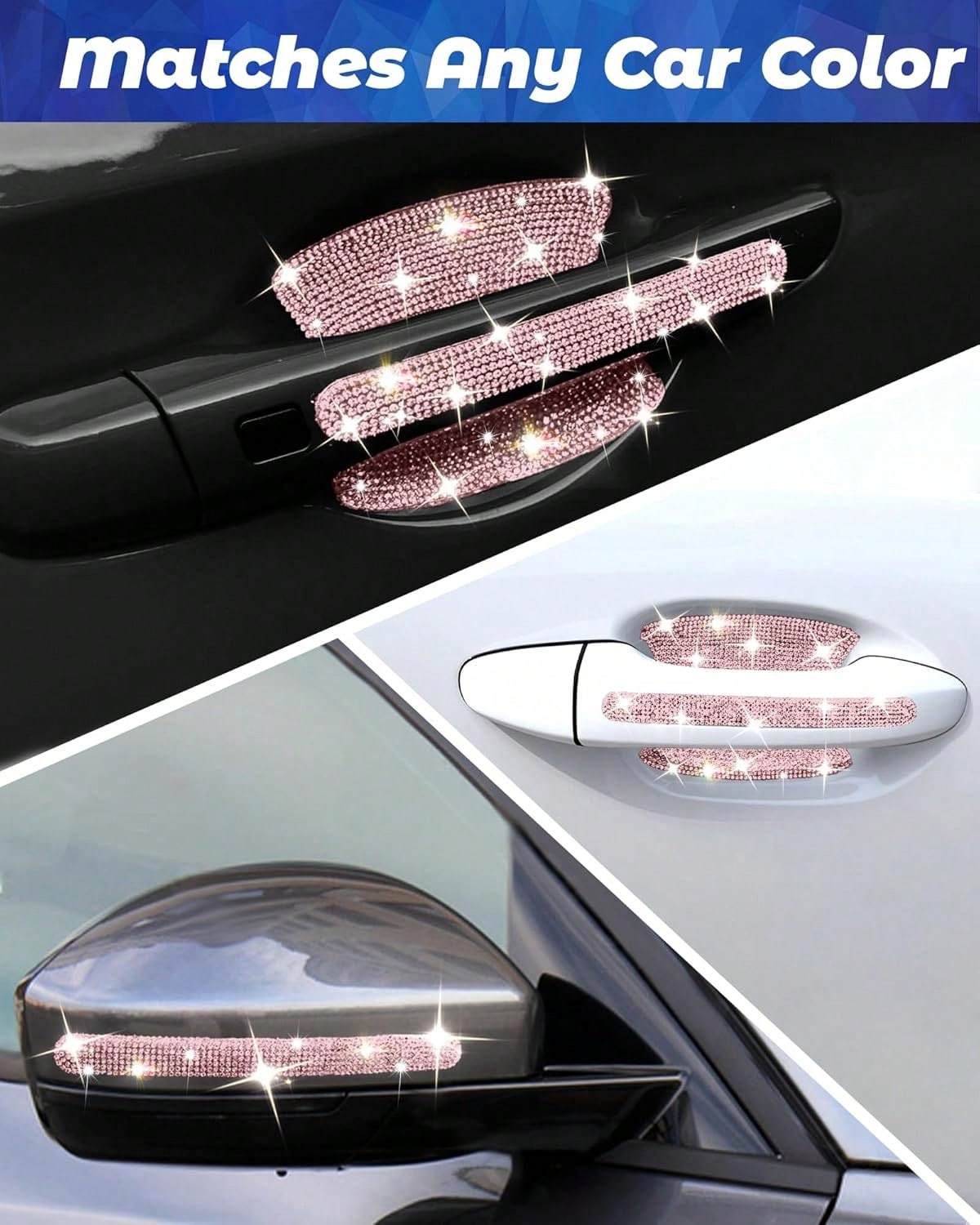 MUPEAK Bling Car Door Handle Protector, 10 PCS, Pink Sparkling Rhinestone Cars Door Protective Cover, Anti-Scratch Auto Handles Sticker, Universal Bling Car Accessories For Women