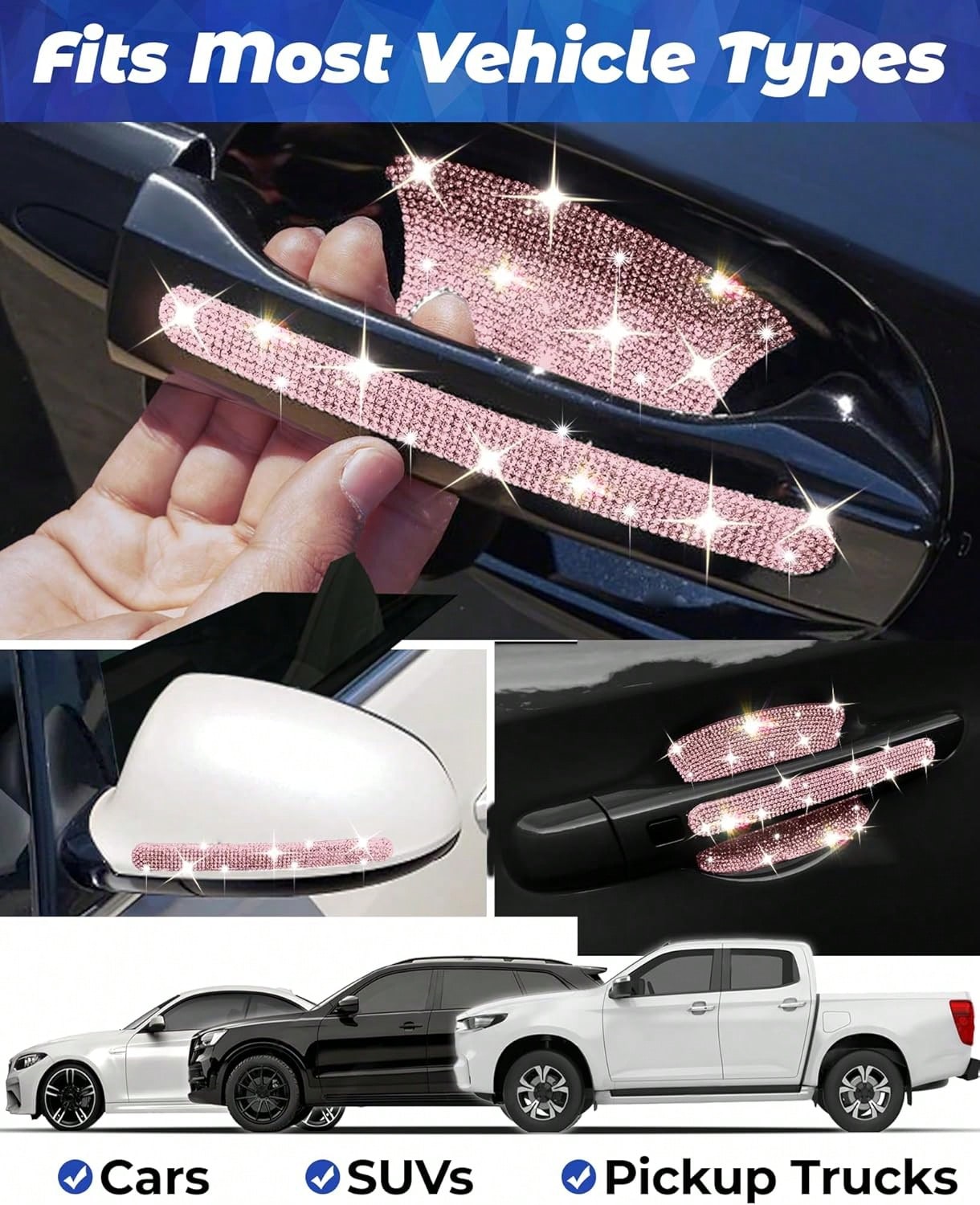 MUPEAK Bling Car Door Handle Protector, 10 PCS, Pink Sparkling Rhinestone Cars Door Protective Cover, Anti-Scratch Auto Handles Sticker, Universal Bling Car Accessories For Women