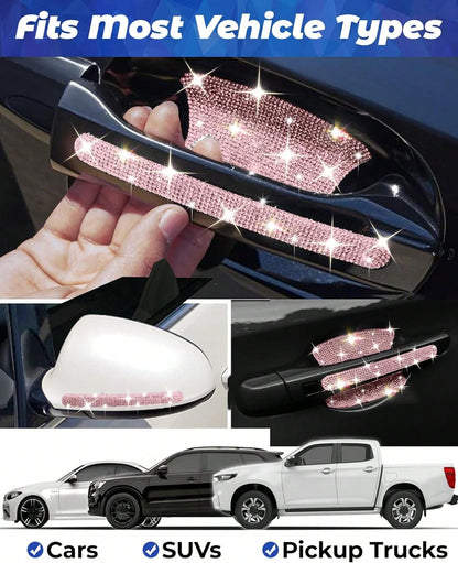 MUPEAK Bling Car Door Handle Protector, 10 PCS, Pink Sparkling Rhinestone Cars Door Protective Cover, Anti-Scratch Auto Handles Sticker, Universal Bling Car Accessories For Women