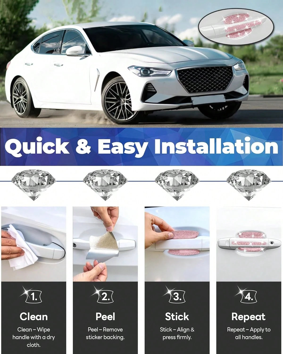 MUPEAK Bling Car Door Handle Protector, 10 PCS, Pink Sparkling Rhinestone Cars Door Protective Cover, Anti-Scratch Auto Handles Sticker, Universal Bling Car Accessories For Women