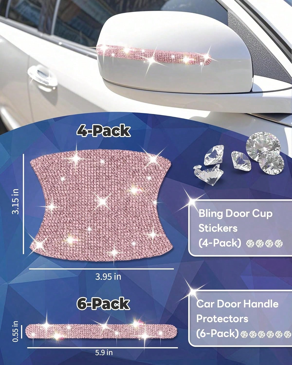 MUPEAK Bling Car Door Handle Protector, 10 PCS, Pink Sparkling Rhinestone Cars Door Protective Cover, Anti-Scratch Auto Handles Sticker, Universal Bling Car Accessories For Women