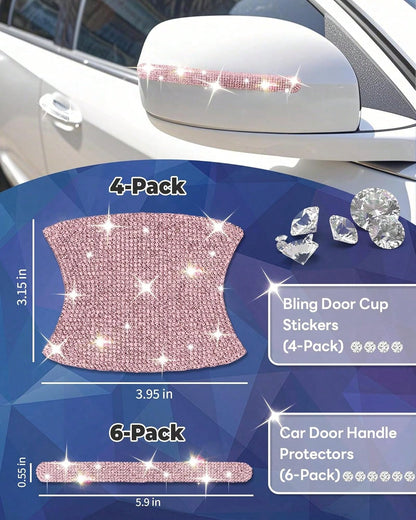 MUPEAK Bling Car Door Handle Protector, 10 PCS, Pink Sparkling Rhinestone Cars Door Protective Cover, Anti-Scratch Auto Handles Sticker, Universal Bling Car Accessories For Women