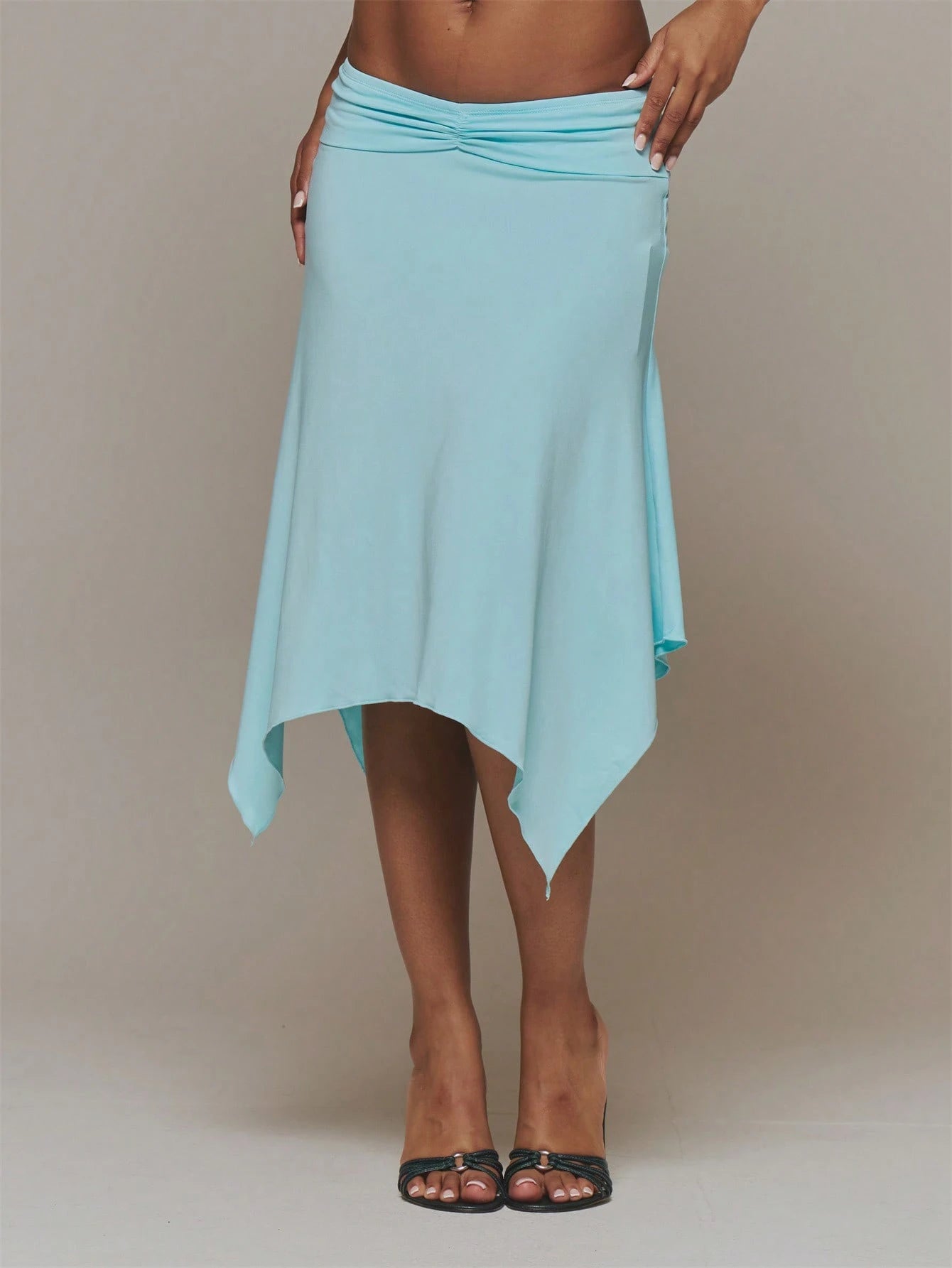 MUSERA Blue Slinky Ruched Front Draped Hanky Hem Midi Skirt