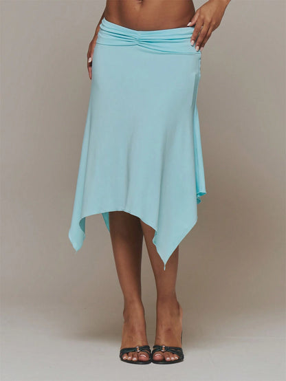 MUSERA Blue Slinky Ruched Front Draped Hanky Hem Midi Skirt