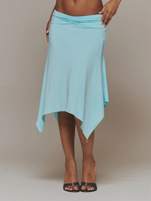 MUSERA Blue Slinky Ruched Front Draped Hanky Hem Midi Skirt