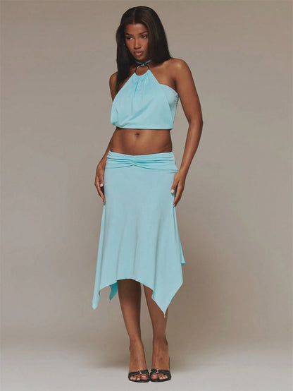 MUSERA Blue Slinky Ruched Front Draped Hanky Hem Midi Skirt