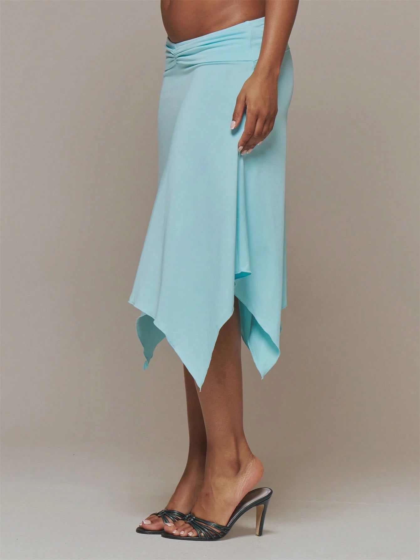 MUSERA Blue Slinky Ruched Front Draped Hanky Hem Midi Skirt
