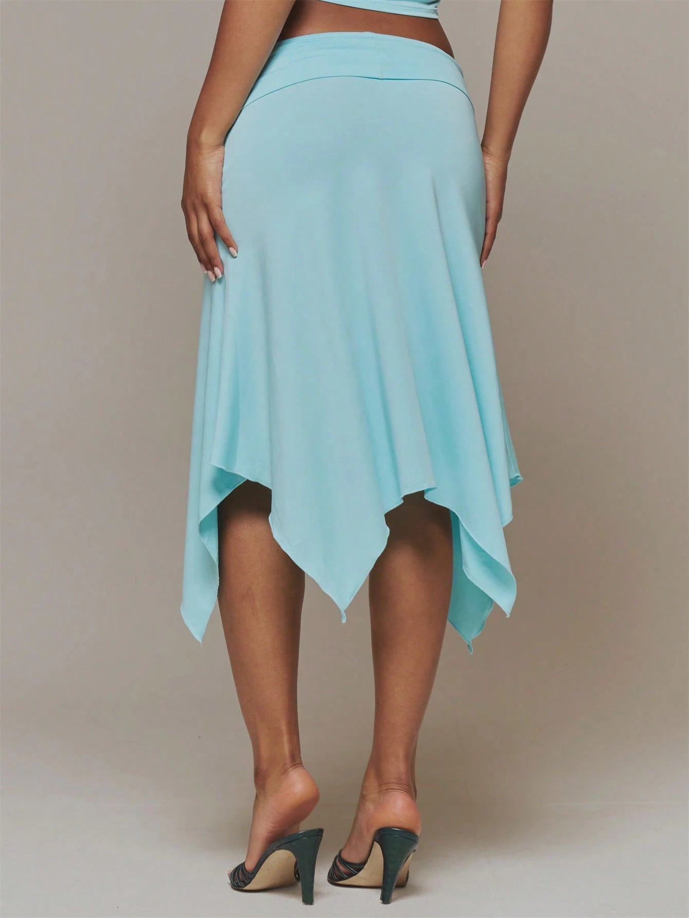 MUSERA Blue Slinky Ruched Front Draped Hanky Hem Midi Skirt