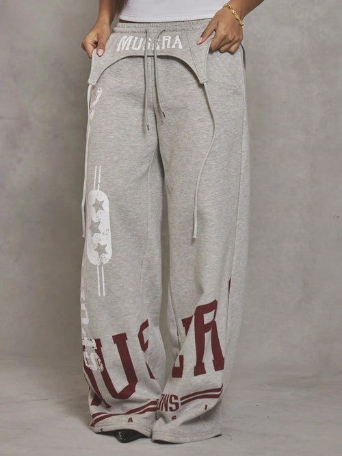 MUSERA Graphic Suspender Overlay Wide Leg Joggers Cool Girl Streetstyle Everyday Autumn Varsity 1997 Fall Casual Summer Holiday