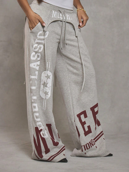 MUSERA Graphic Suspender Overlay Wide Leg Joggers Cool Girl Streetstyle Everyday Autumn Varsity 1997 Fall Casual Summer Holiday