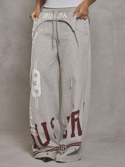 MUSERA Graphic Suspender Overlay Wide Leg Joggers Cool Girl Streetstyle Everyday Autumn Varsity 1997 Fall Casual Summer Holiday