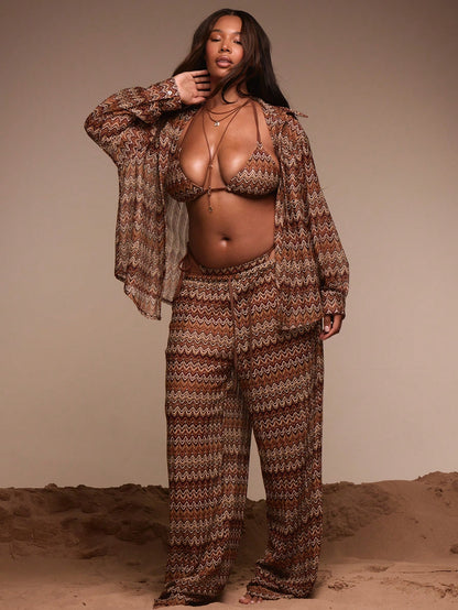 MUSERA Plus Size Striped Patterned Oversized Shirt Spring Summer Beach Holiday Vacation Elegant Travel Swim Beachwear Terra Sol Fall