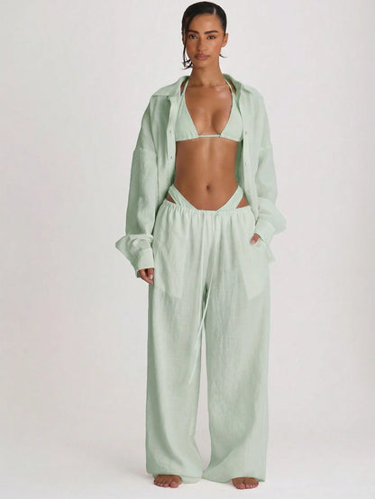 Musera Resort Drawstring Wide Leg Linen Trousers Cover Up Swim Vacation Holiday Summer Travel Beachwear Basics Hen Do Bridal Bachelorette Solid Colour Resort Core