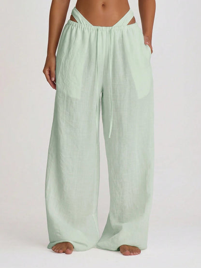 Musera Resort Drawstring Wide Leg Linen Trousers Cover Up Swim Vacation Holiday Summer Travel Beachwear Basics Hen Do Bridal Bachelorette Solid Colour Resort Core