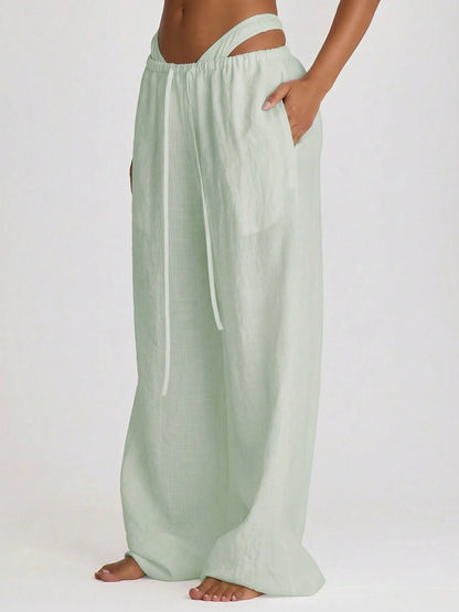 Musera Resort Drawstring Wide Leg Linen Trousers Cover Up Swim Vacation Holiday Summer Travel Beachwear Basics Hen Do Bridal Bachelorette Solid Colour Resort Core
